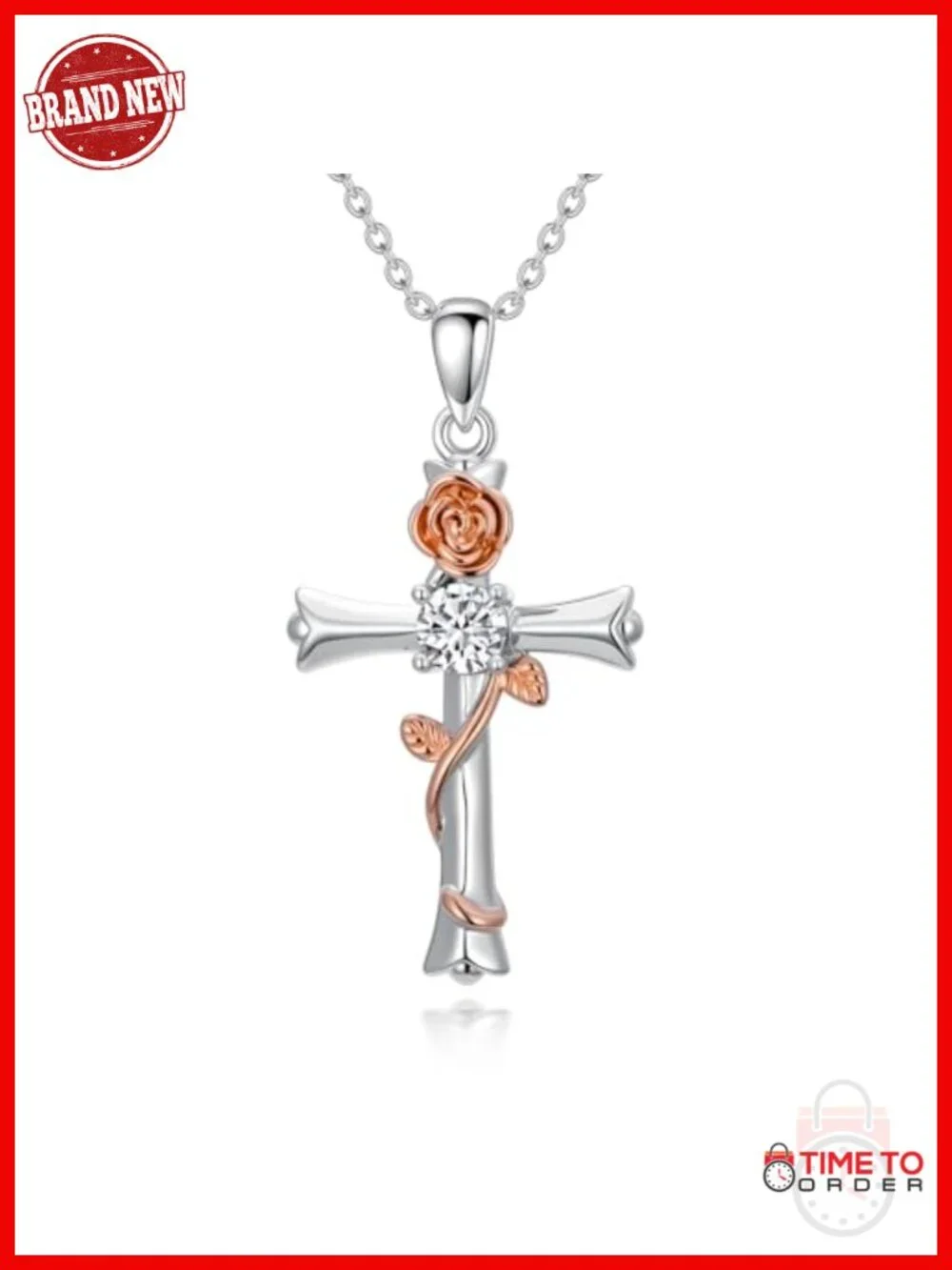 Rose Gold Cross Pendant Necklace with Cubic Zirconia Birthstone, Christian